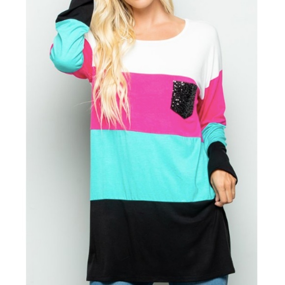 RM Boutique Tops - Colorblock Stripe Long Sleeve Top Sequin Sparkle